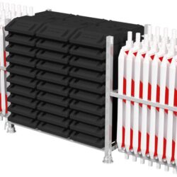 Bakengarnitur SET1, BASt Wendebake, Folie RA2/B, doppelseitig schraffiert, rot-weiß, auf Stapelpalette und Bakenkorb, VPE1