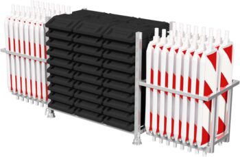 Bakengarnitur SET1, BASt Wendebake, Folie RA2/B, doppelseitig schraffiert, rot-weiß, auf Stapelpalette und Bakenkorb, VPE1